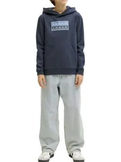 Sweat en coton marine à coupe droite pourvu d'un col à capuche