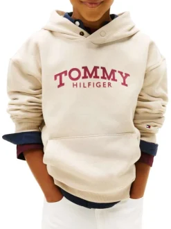 Sweat en coton mélangé beige pourvu d'un col à capuche boutonné