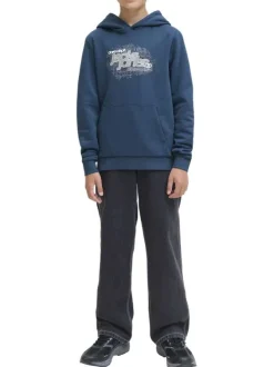 Sweat en coton mélangé bleu imprimé avec une coupe droite et un col à capuche