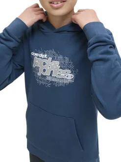 Sweat en coton mélangé bleu imprimé avec une coupe droite et un col à capuche
