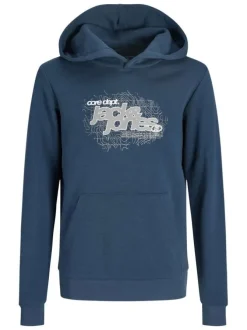 Sweat en coton mélangé bleu imprimé avec une coupe droite et un col à capuche