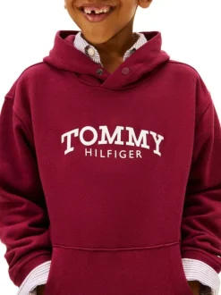 Sweat en coton mélangé bordeaux pourvu d'un col à capuche boutonné