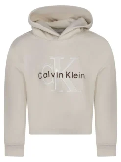 Sweat en coton mélangé écru imprimé coupe ajustée et col à capuche