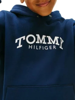 Sweat en coton mélangé marine pourvu d'un col à capuche boutonné