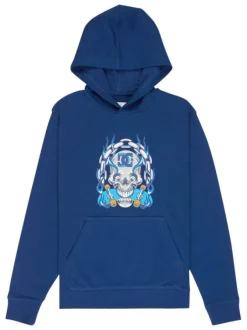Sweat en coton mélangé marine uni à capuche avec une coupe droite