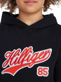 Sweat en coton mélangé marine uni avec une coupe droite et un col à capuche