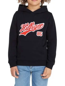 Sweat en coton mélangé marine uni avec une coupe droite et un col à capuche