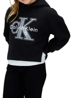 Sweat en coton mélangé noir à motifs coupe cropped et un col à capuche