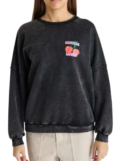 Sweat en coton mélangé noir imprimé avec une coupe droite et un col rond