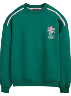 Sweat en coton mélangé vert à coupe ample pourvu d'un col rond