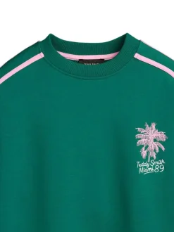 Sweat en coton mélangé vert à coupe ample pourvu d'un col rond