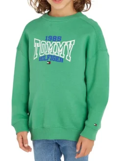 Sweat en coton mélangé vert uni avec une coupe droite et un col rond