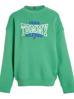Sweat en coton mélangé vert uni avec une coupe droite et un col rond