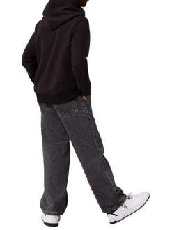 Sweat en coton noir uni avec une coupe droite et le nom de la marque au centre