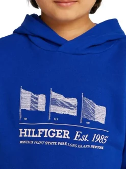 Sweat en coton régénératif bleu à imprimé, coupe droite et col à capuche