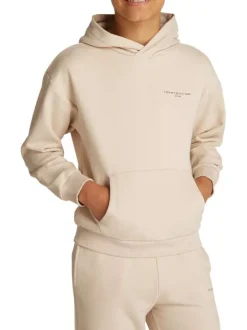 Sweat en coton régénératif mélangé beige uni droit à capuche et poche kangourou