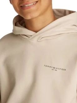 Sweat en coton régénératif mélangé beige uni droit à capuche et poche kangourou