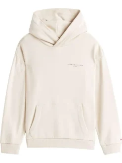 Sweat en coton régénératif mélangé beige uni droit à capuche et poche kangourou