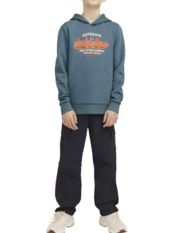 Sweat manches longues en coton bleu avec col à capuche et logo orange et blanc