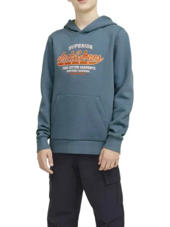 Sweat manches longues en coton bleu avec col à capuche et logo orange et blanc