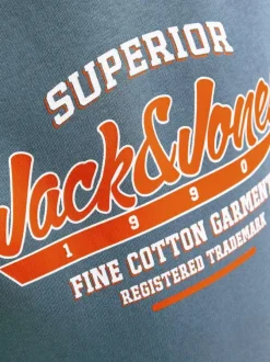 Sweat manches longues en coton bleu avec col à capuche et logo orange et blanc