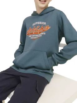 Sweat manches longues en coton bleu avec col à capuche et logo orange et blanc