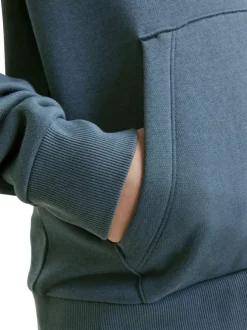 Sweat manches longues en coton bleu avec col à capuche et logo orange et blanc