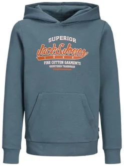 Sweat manches longues en coton bleu avec col à capuche et logo orange et blanc