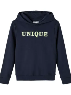 Sweat marine à capuche avec coupe droite et inscription brodé sur la poitrine