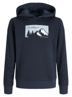 Sweat marine avec un imprimé une coupe droite et un col à capuche