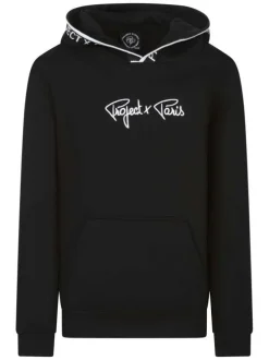 Sweat noir col à capuche avec liseret sur la capuche et marque sur la poitrine