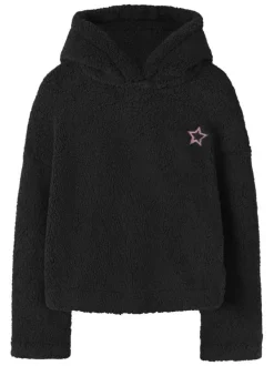 Sweat noir en maille sherpa pourvu d'un col à capuche et de manches longues