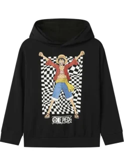 Sweat noir imprimé avec un col à capuche et une coupe droite