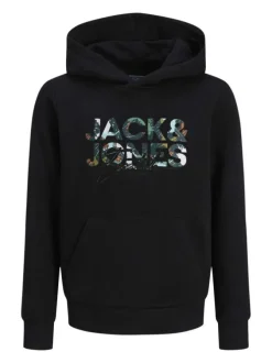 Sweat noir imprimé avec une coupe droite et une poche kangourou
