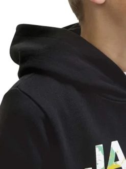 Sweat noir imprimé avec une coupe droite et une poche kangourou
