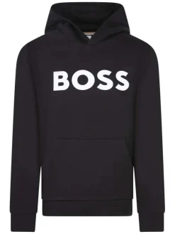 Sweat noir uni avec un col à capuche et un logo sur le torse