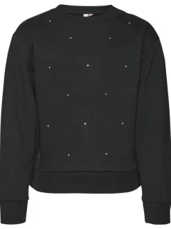 Sweat noir uni avec une coupe droite à col rond et des petites strass