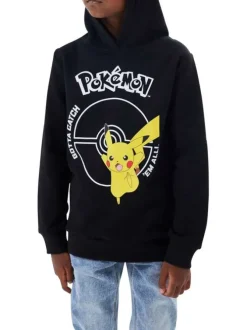 Sweat noir uni coupe droite avec un col à capuche et flocage Pikachu