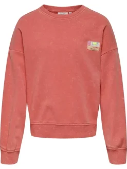 Sweat rouge uni droit à col rond avec des manches longues d'aspect délavé