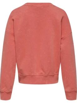 Sweat rouge uni droit à col rond avec des manches longues d'aspect délavé