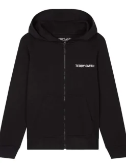Sweat zippé à capuche en coton noir uni avec poches latérales