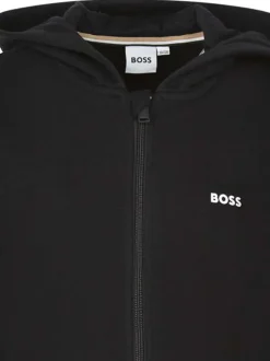Sweat zippé en coton mélangé noir uni avec une coupe droite et un col à capuche