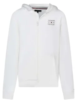 Sweat zippé en coton mélangé blanc uni avec une coupe droite et un col à capuche
