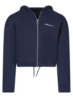 Sweat zippé en coton mélangé marine uni à coupe droite avec un col à capuche