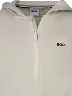 Sweat zippé en coton mélangé beige uni avec une coupe droite et un col à capuche