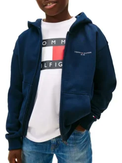 Sweat zippé en coton mélangé marine pourvu d'un col à capuche