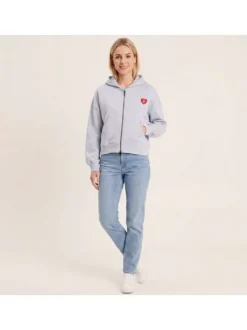 Sweat zippé en coton mélangé ciel uni pourvu de manches longues