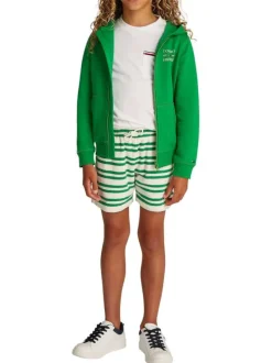 Sweat zippé en coton mélangé vert uni droit avec un col à capuche et zippé