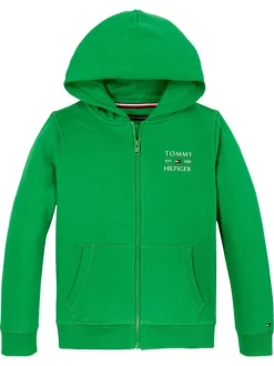 Sweat zippé en coton mélangé vert uni droit avec un col à capuche et zippé