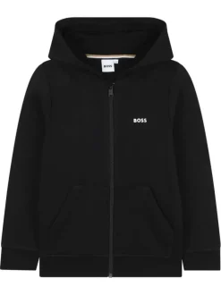 Sweat zippé en coton mélangé noir uni à coupe droite avec col à capuche